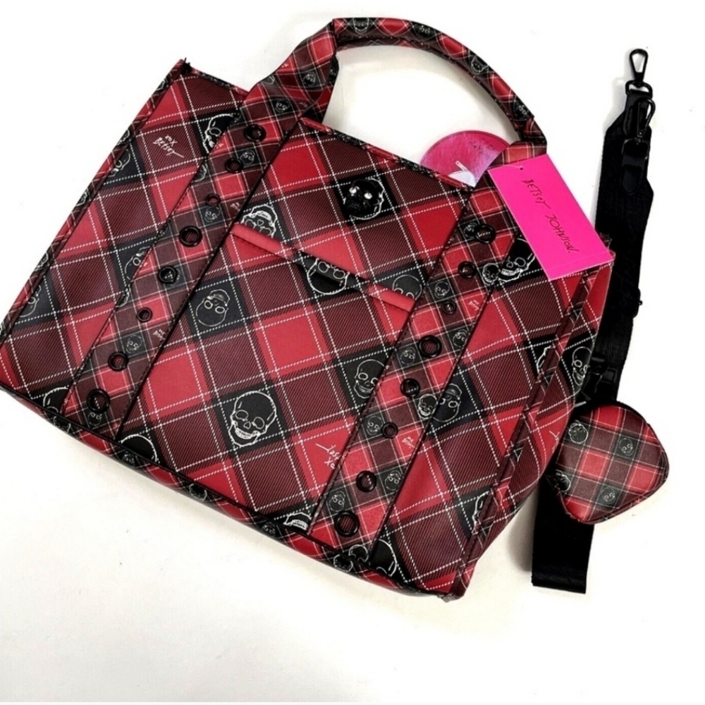 ❤️🔹️BETSEY JOHNSON🔹️ red Plaid Skull Tote w/ coin pouch XOLOLO - Picture 6 of 12